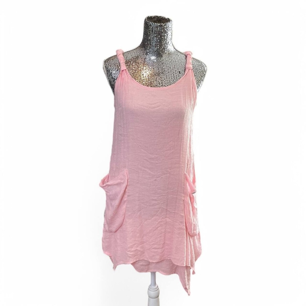 Boho Silk Asymmetrical‎ Cotton Pink Tank Dress Pockets Sleeveless Scoop Neck S/M